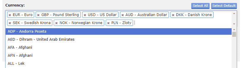 U kunt kiezen uit 210 vreemde valuta om wisselkoersen van toe te voegen.